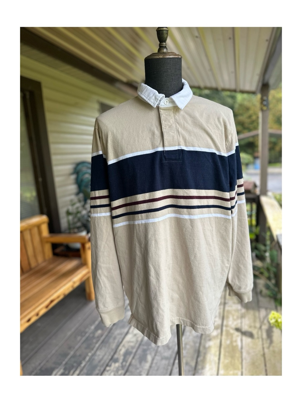Old Navy Beige, Navy & White Long Sleeve Rugby Shirt Size XXL